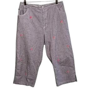 Quacker Factory Houndstooth Capri Pants Rose Embroidered Large Cotton